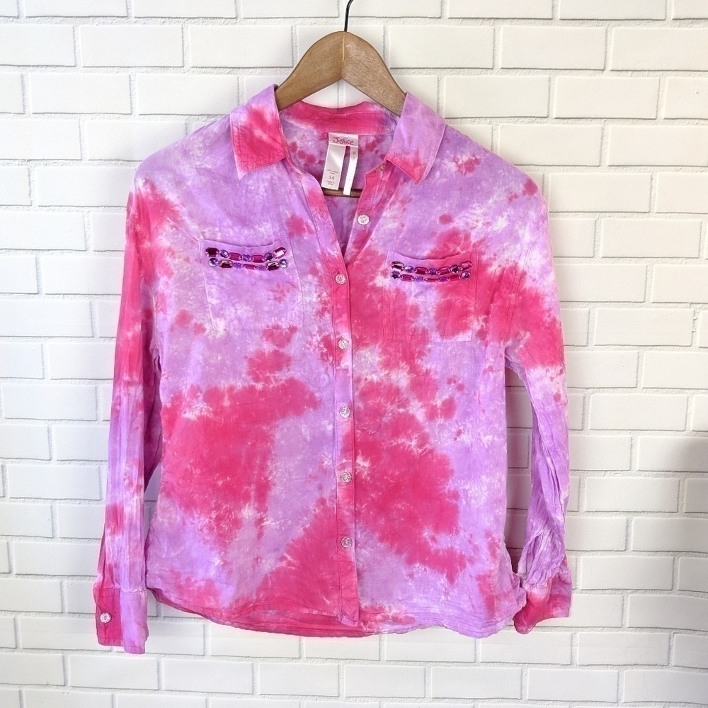 Justice Tie Dye Pink Purple‎ Button-up Shirt Girls 14
